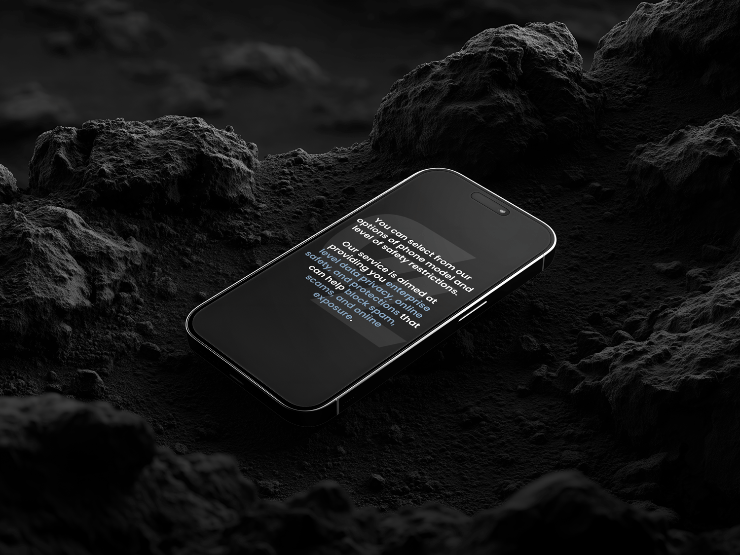Phone with a message on a dark, rocky surface